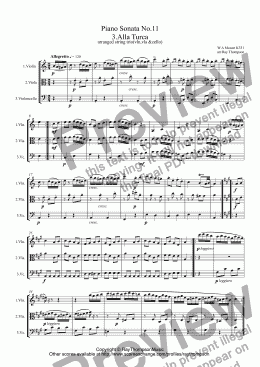 page one of Piano Sonata No.11 in A K331: III.Rondo Alla Turca (Turkish March) arranged string trio:vln,vla & vc