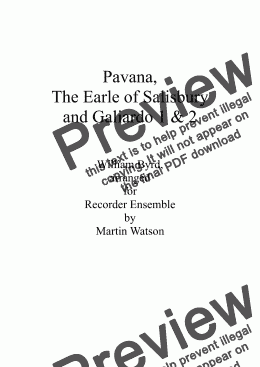 page one of Pavana, The Earle of Salisbury and Two Galliards by William Byrd for Recorder Ensemble 