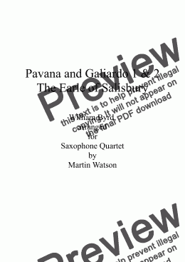 page one of Pavana, The Earle of Salisbury and Two Galliards by William Byrd for Saxophone Quartet.