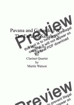 page one of Pavana, The Earle of Salisbury and Two Galliards by William Byrd for Clarinet Quartet