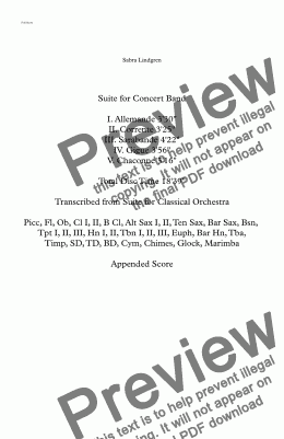 page one of Suite for Concert Band Appended Scores I. Allemande II. Corrente III. Sarabande IV. Gigue V. Chaconne    