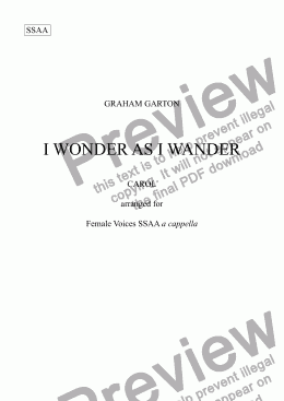 page one of CAROL - ’I WONDER AS I WANDER’ Arranged for Choir SSAA a cappella