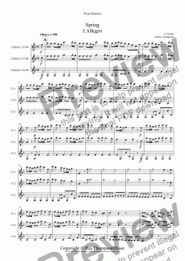 page one of Four Seasons: A Suite of 4 Movements (easier and abridged):Spring Mvt.I (’Arrival of Spring"), Winter Mvt.II ("Peaceful Days in front of the Fire"), Autumn Mvts.I ("Peasant’s Dance" & III (’The Hunt")(Clarinet Trio)