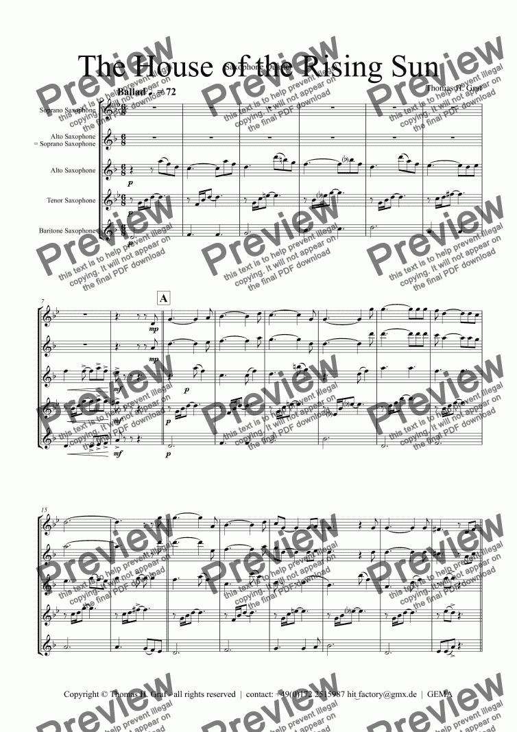 The House Of The Rising Sun Saxophone Quartet Sheet Music Pdf File 3638