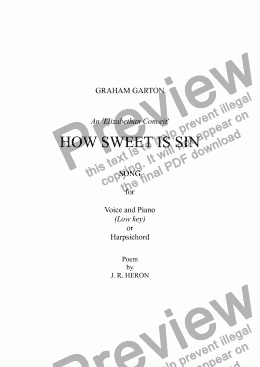 page one of SONG – HOW SWEET IS SIN for Voice and Piano or Harpsichord An ’Elizabethan Conceit’ (Low key Ab-C)