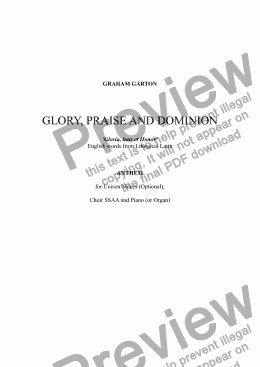 page one of ANTHEM - GLORY, PRAISE AND DOMINION ’Gloria, Laus et Honor’:for SSAA Choir, optional Unison Voices, Piano (or Organ). Suitable for Worship or Concert use.