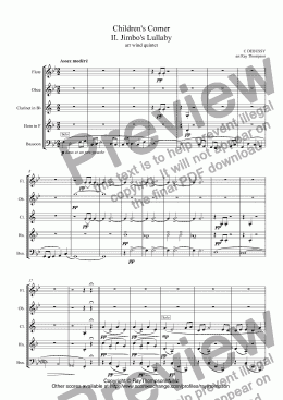 page one of Debussy: Children’s Corner II. Jimbo’s Lullaby (wind quintet)