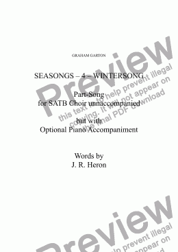 page one of PART-SONG - SEASONSONGS – 4. WINTERSONG Part-Song for SATB Choir unnaccompanied but with Optional Piano Accompaniment. Words by J.R.Heron