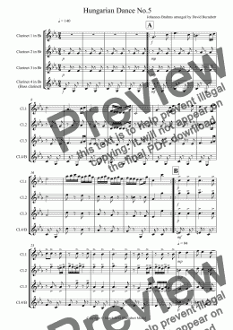 page one of Hungarian Dance No.5 for Clarinet Quartet