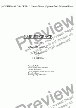 page one of GRACE - Additional GRACE No.5 to 246 GARTON GRACES Mainly for  Female Voices but sometimes Mixed.YARLET GRACEfor Unison Voices (with Optional 2nd/3rd part) and Piano