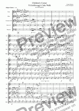 page one of Debussy: Children’s Corner: VI.Golliwogg’s Cake Walk (wind quintet)