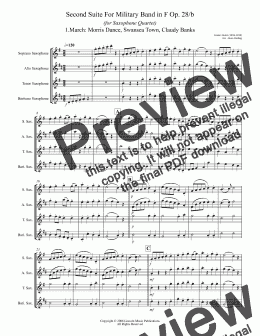 page one of Holst - Suite No. 2 in F Movements 1-4 (Saxophone Quartet SATB or AATB)