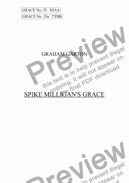 page one of GRACE - No.35 of 252 GARTON GRACES Mainly for  Female Voices but sometimes Mixed. 'SPIKE MILLIGAN’S GRACE' Light-hearted Grace for SSAA a cappella