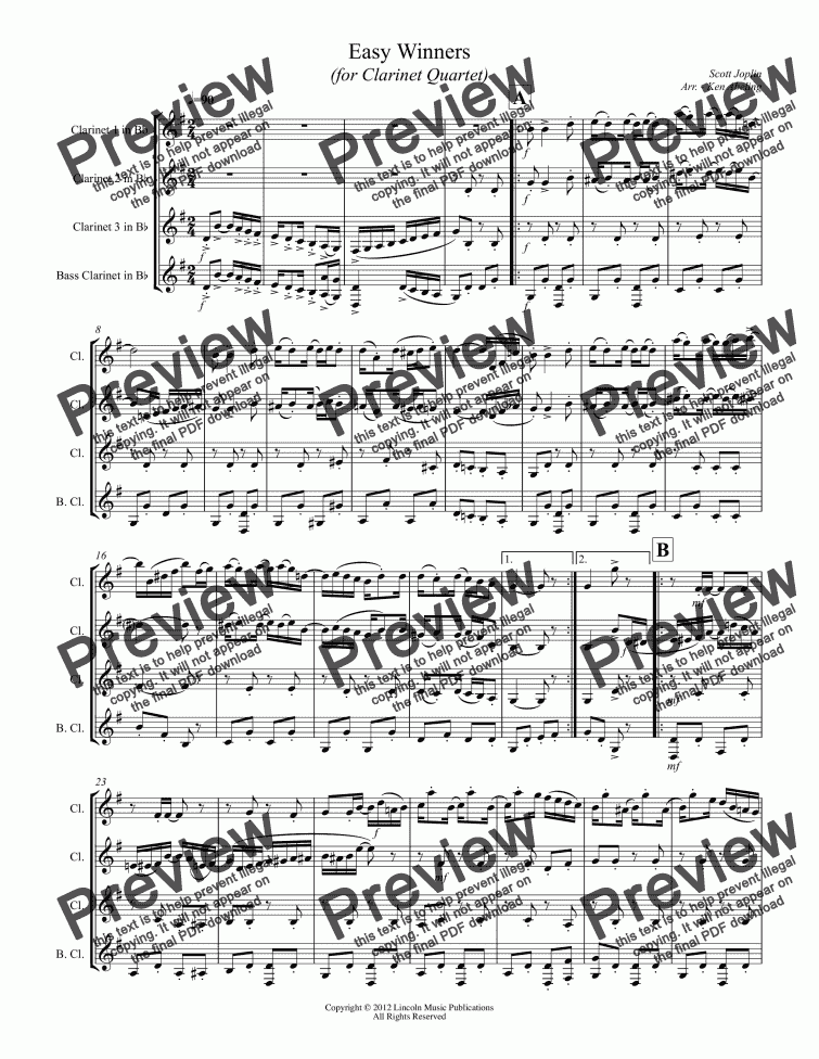 Joplin The Easy Winners Clarinet Quartet Sheet Music Pdf File