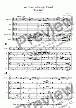 page one of Mozart: Horn Quintet in Eb major KV407.  III.Allegro (arr. wind quintet)