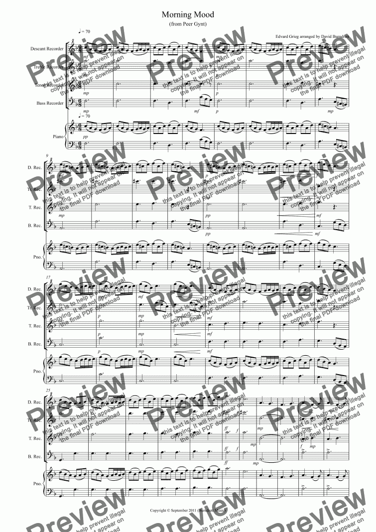 Morning Mood From Peer Gynt For Recorder Quartet Download Pdf File