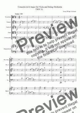 page one of Telemann - Concerto in G for Viola, String Orchestra and continuo                                 TWV 51