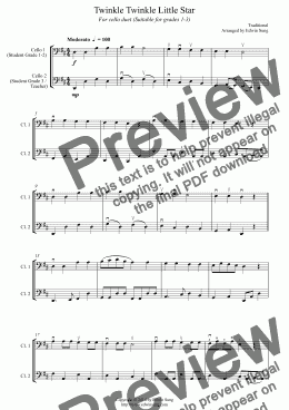 page one of Twinkle Twinkle Little Star (for cello duet, suitable for grades 1-3)