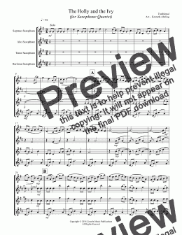 page one of The Holly and the Ivy (for Saxophone Quartet SATB or AATB)