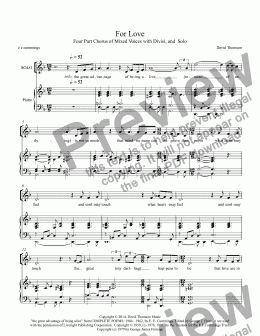 page one of For Love - a choral setting of the poem "The great advantage of being alive" by e. e. cummings