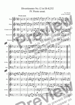 page one of Divertimento No.12 in Eb K252 IV. Presto assai.