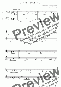 page one of Home, Sweet Home (for clarinet(Bb) duet, suitable for grades 2-4)