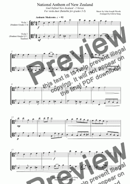 page one of National Anthem of New Zealand (for viola duet, suitable for grades 2-5)