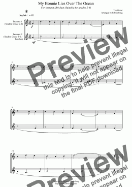 page one of My Bonnie Lies Over The Ocean (for trumpet (Bb) duet, suitable for grades 2-6)