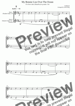 page one of My Bonnie Lies Over The Ocean (for horn duet, suitable for grades 2-6)