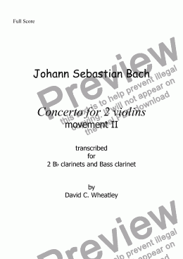 page one of Bach - Concerto for 2 violins mvt II - transcribed for 2 Bb clarinets and Bass clarinet by David Wheatley 