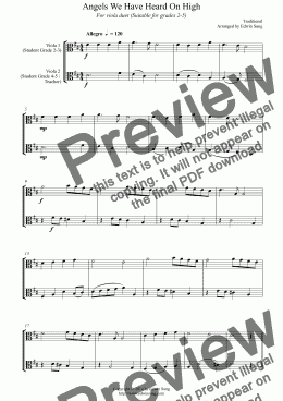 page one of Angels We Have Heard On High (for viola duet, suitable for grades 2-5)