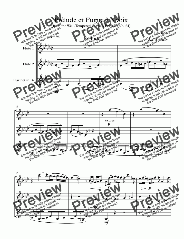 Prelude Et Fugue A 3 Voix For 2 Flutes Clarinet J S Bach Buy Pdf