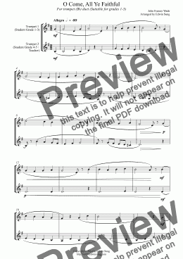 page one of O Come, All Ye Faithful (for trumpet (Bb) duet, suitable for grades 1-5)