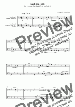 page one of Deck the Halls (for trombone duet, suitable for grades 2-6)