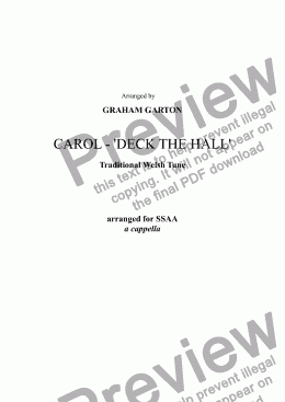 page one of CAROL - ’DECK THE HALL’ (original Welsh Tune) arranged for SSAA a cappella