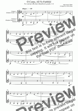 page one of O Come, All Ye Faithful (for clarinet (Bb) duet, suitable for grades 1-5)
