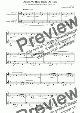 page one of Angels We Have Heard On High (for clarinet (Bb) duet, suitable for grades 2-6)