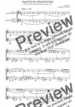 page one of Angels We Have Heard On High (for Eb-clarinet duet, suitable for grades 2-6)