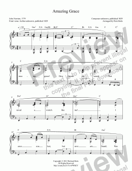 page one of Amazing Grace - Hymn Piano Solo and Chord Worksheets