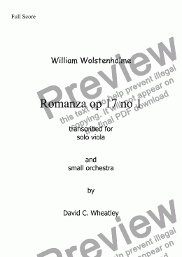 page one of Wolstenholme - Romanza op 17 no 1 for solo viola and small orchestra