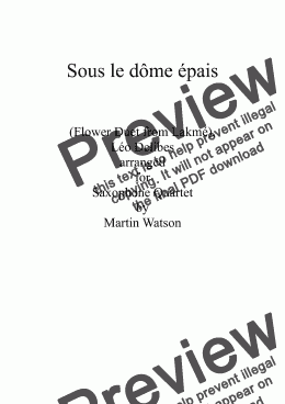 page one of Delibes’ Flower Duet, Sous le dôme épais for Saxophone Quartet.