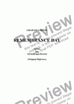 page one of SONG - 'REMEMBRANCE DAY' for Tenor and Piano (Orig. High Key) - Words: J. R. Heron Re WW I & II