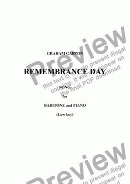 page one of SONG - 'REMEMBRANCE DAY' for Baritone and Piano (Low Key) - Words: J. R. Heron Re WW I & II