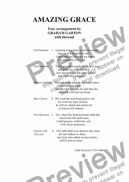 page one of HYMN - ’AMAZING GRACE’ Easy arrangement with Descant for CHOIR SATB and Organ for Wedding use. (See also under DESCANT)