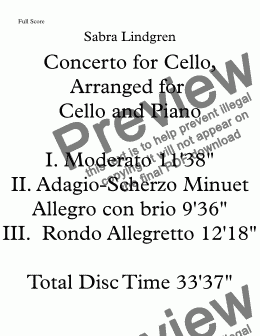page one of Concerto for Cello, Arranged for Cello and Piano II. Adagio-Scherzo minuet allegro con brio