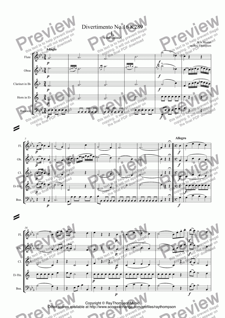 Mozart Divertimento No16 K289 In Eb Complete Arrwind Quintet For Wind Quintet By W A Mozart Arrray Thompson Sheet Music Pdf File To Download - 