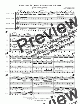 page one of Handel - Arrival of the Queen of Sheba – from Solomon (for Clarinet Quartet)