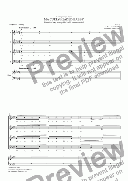 page one of SONG - ’MA CURLY-HEADED BABBY’ Plantation Song arranged for SATB unaccompanied with optional SOLO (See also Classical Guitar arrangement)