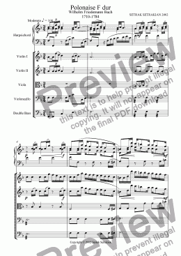 page one of Polonaise in F dur, Arrangement by Setrak Setrakian for Harpsichord and string orchestra