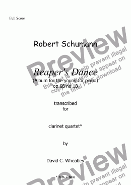 page one of Schumann 'Reaper’s song' (Album for the young)  transcribed for clarinet quartet by David C Wheatley